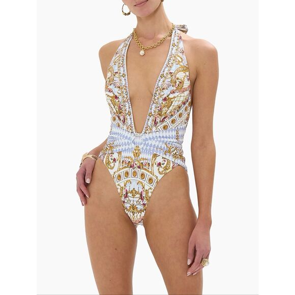 Camilla Plunging Halterneck One-Piece Swimsuit Throne Games Medium $450 - Picture 2 of 9